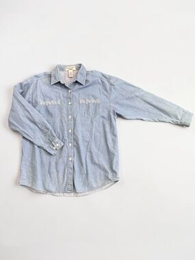 Clementine Womens Chambray Button Front Shirt Embroidered Pocket Detail Size L